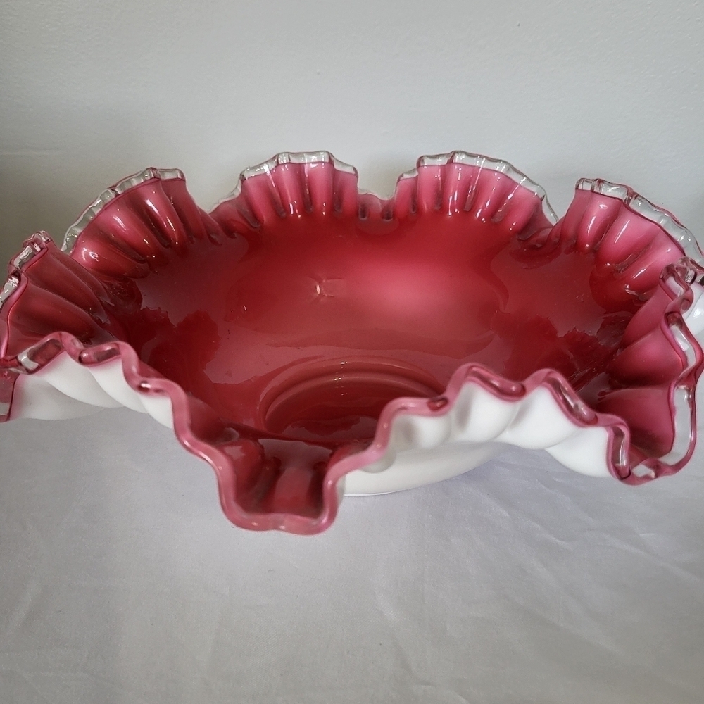 Vintage Fenton Ruffle Crested Glass Bowl In Cranberry 11x11x4.5"